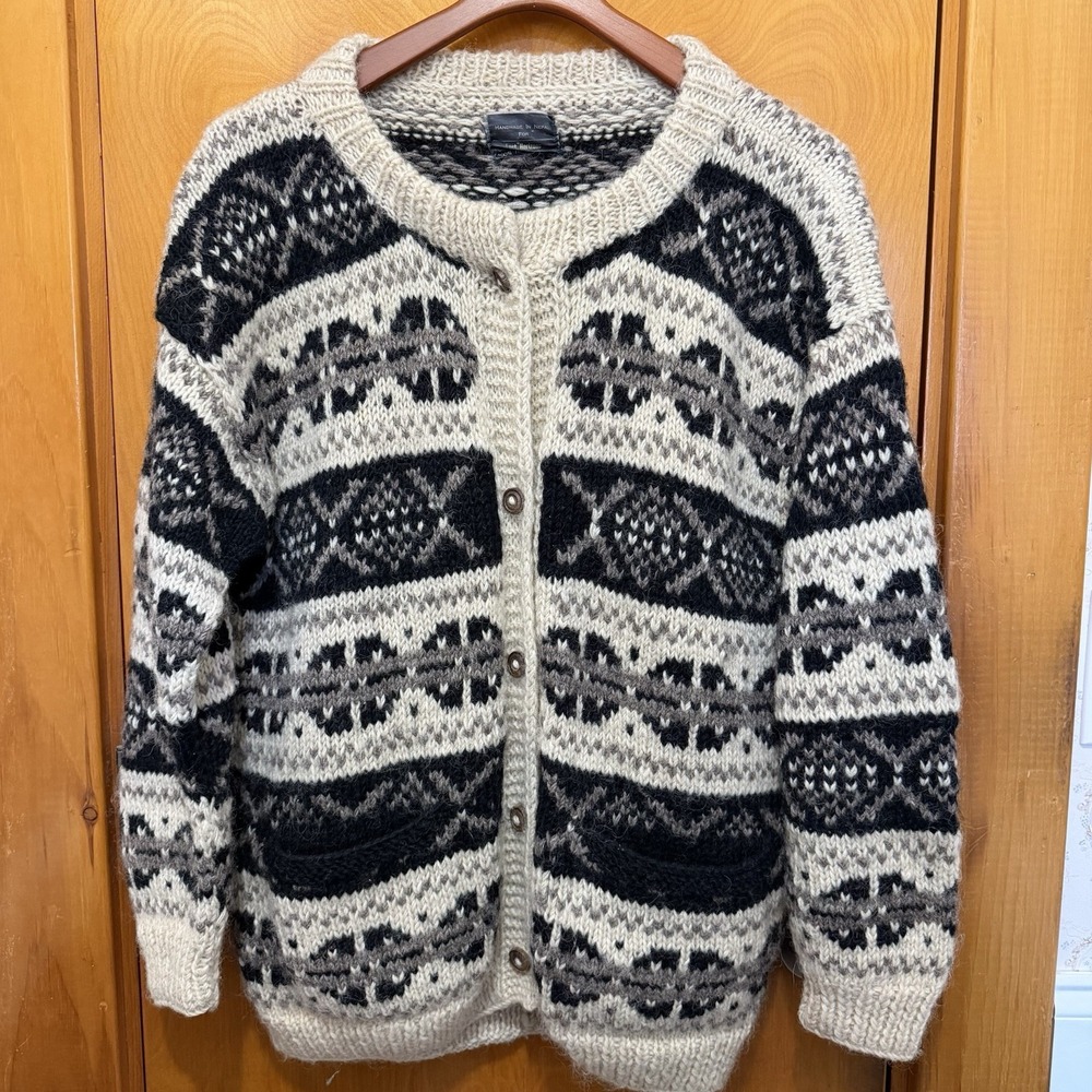 Vintage Lost Horizons 100% Himalayan Wool Handknit Cardigan Sweater Sz L Nepal
